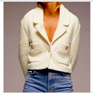 Zara cropped blazer wool blend jacket oyster white